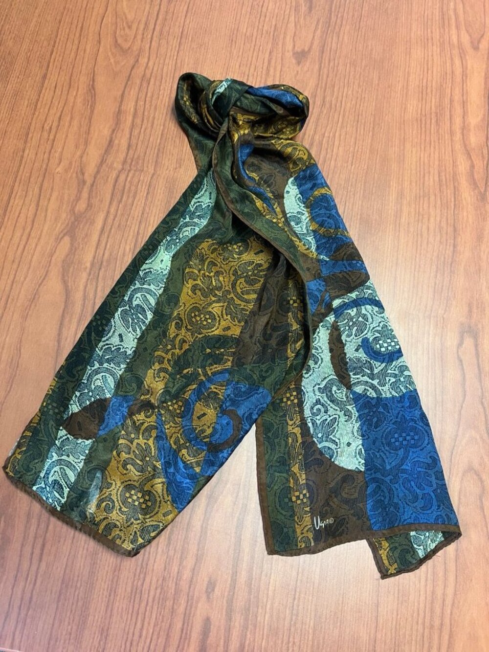 Vintage Vera Neumann Abstract Paisley Silk Scarf 10x51” Brown Blue Green Art